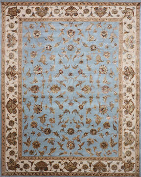 Indian Jaipur Blue Rectangle 8x10 ft Wool and Raised Silk Carpet 146826