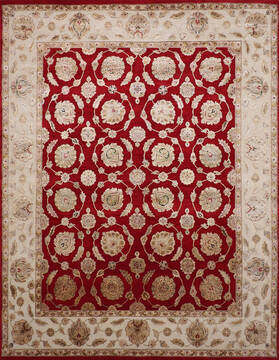 Indian Jaipur Red Rectangle 8x10 ft Wool and Raised Silk Carpet 146831