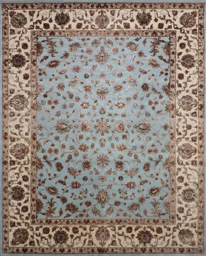 Indian Jaipur Blue Rectangle 8x10 ft Wool and Raised Silk Carpet 146832