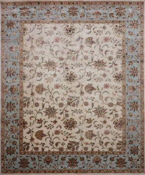 Indian Jaipur White Rectangle 8x10 ft Wool and Raised Silk Carpet 146834