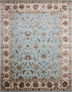Indian Jaipur Blue Rectangle 8x10 ft Wool and Raised Silk Carpet 146836