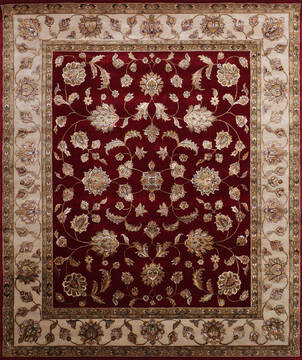 Indian Jaipur Red Rectangle 8x10 ft Wool and Raised Silk Carpet 146837
