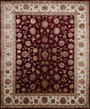 Indian Jaipur Red Rectangle 8x10 ft Wool and Raised Silk Carpet 146841