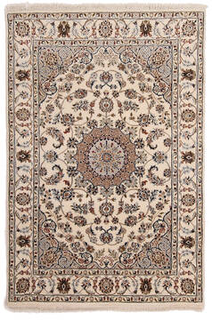 Indian Nain White Rectangle 4x6 ft Wool and Silk Carpet 146894