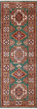 Afghan Kazak Green Runner 6 ft and Smaller Wool Carpet 147118