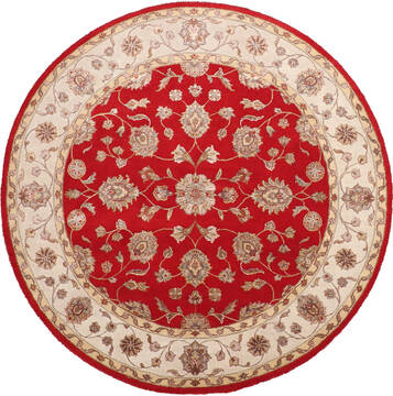 Indian Jaipur Red Round 5 to 6 ft Wool and Raised Silk Carpet 147175