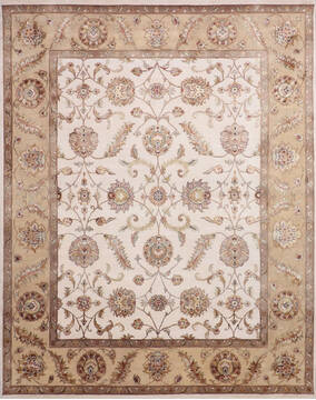 Indian Jaipur White Rectangle 8x10 ft Wool and Raised Silk Carpet 147184