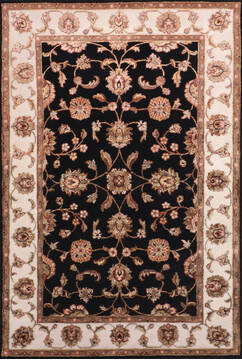 Indian Jaipur Black Rectangle 4x6 ft Wool and Raised Silk Carpet 147219