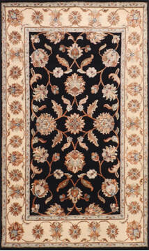 Indian Jaipur Black Rectangle 3x5 ft Wool and Raised Silk Carpet 147235