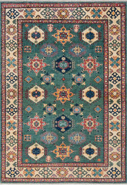 Afghan Kazak Green Rectangle 4x6 ft Wool Carpet 147278