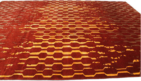 Modern-Contemporary Red Hand Knotted 101 X 139 Area Rug 254-147443 Image 4
