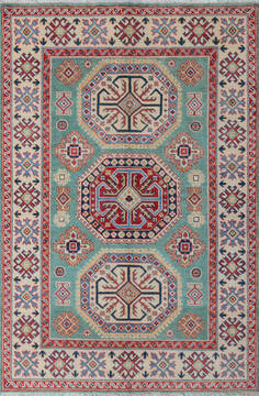Afghan Kazak Green Rectangle 4x6 ft Wool Carpet 147530