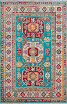 Afghan Kazak Green Rectangle 4x6 ft Wool Carpet 147531
