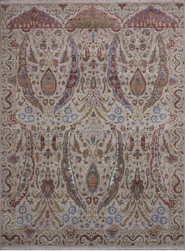 Indian Jaipur Beige Rectangle 9x12 ft Wool and Silk Carpet 147658