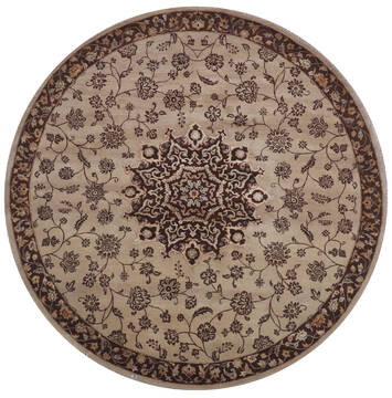 Indian Jaipur Beige Round 7 to 8 ft Wool and Raised Silk Carpet 147768