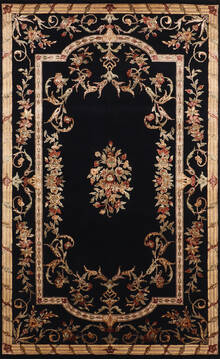 Indian Jaipur Black Rectangle 6x9 ft Wool and Raised Silk Carpet 147774