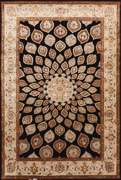 Indian Jaipur Black Rectangle 4x6 ft Wool and Raised Silk Carpet 147777