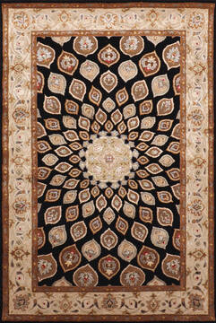 Indian Jaipur Black Rectangle 4x6 ft Wool and Raised Silk Carpet 147780