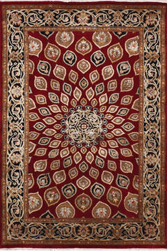 Indian Jaipur Red Rectangle 4x6 ft Wool and Raised Silk Carpet 147783