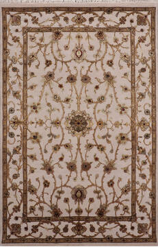 Indian Jaipur White Rectangle 4x6 ft Wool and Raised Silk Carpet 147788