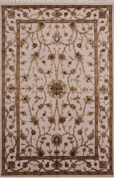 Indian Jaipur White Rectangle 4x6 ft Wool and Raised Silk Carpet 147788