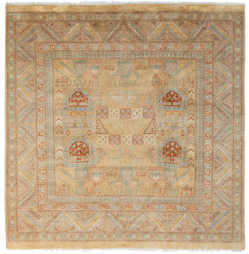 Pakistani Chobi Beige Square 5 to 6 ft Wool Carpet 147885