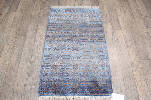 Geometric Blue Runner Hand Knotted 26 X 40 Area Rug 905-147971 Image 1