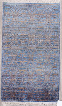 Indian Geometric Blue Runner 6 ft and Smaller Wool and Raised Silk Carpet 147971