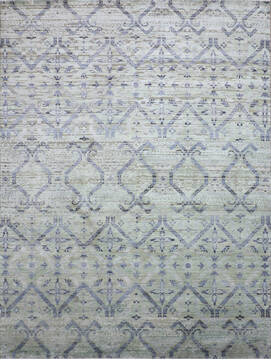 Indian Jaipur Green Rectangle 9x12 ft Wool and Raised Silk Carpet 147984