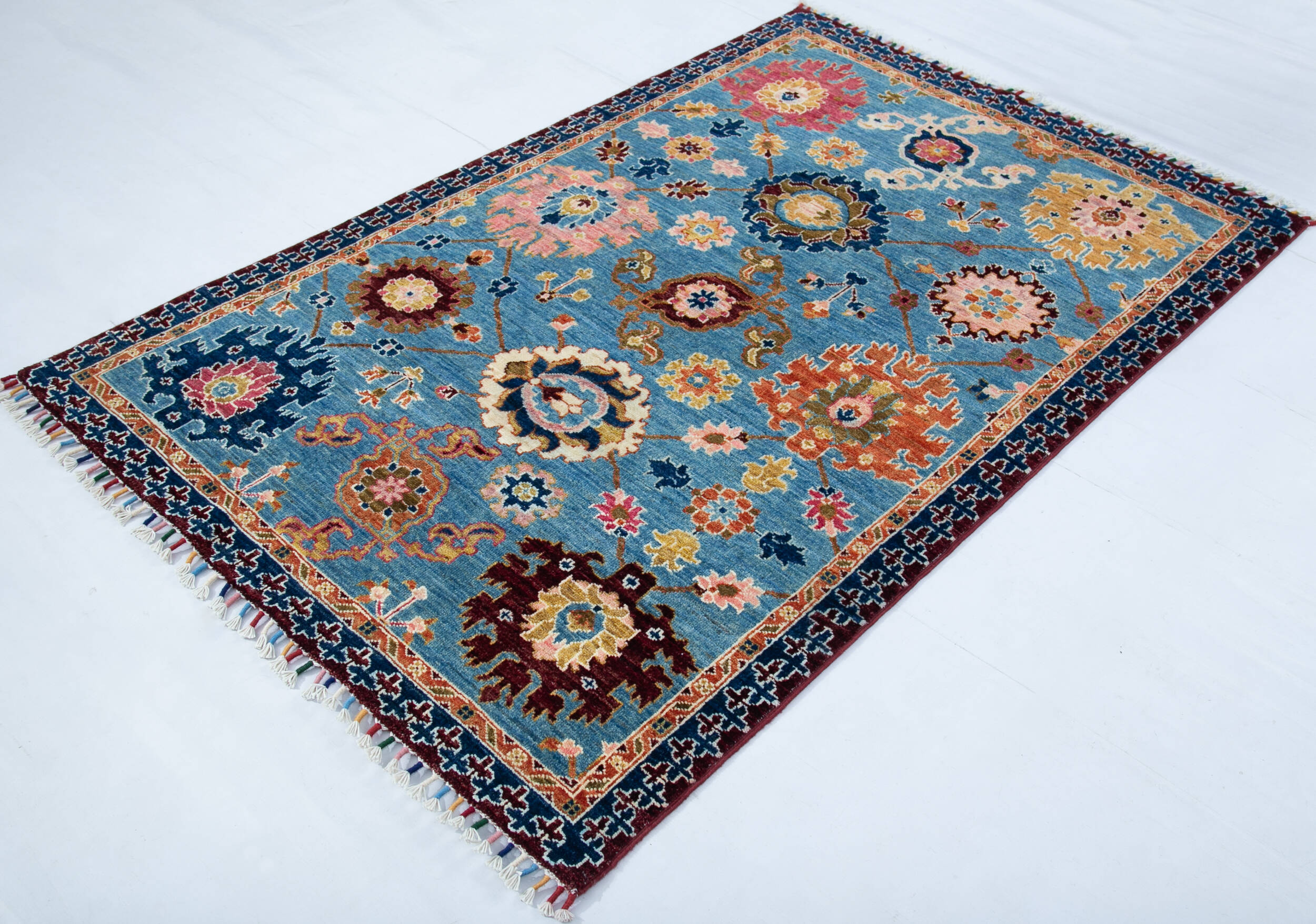 Afghan Chobi Light Blue Rectangle 4x6 ft Wool Carpet 148042
