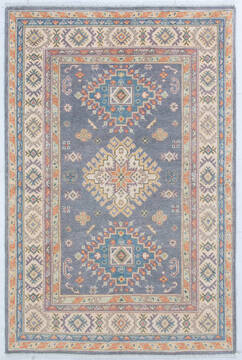 Afghan Kazak Light Gray Rectangle 4x6 ft Wool Carpet 148097