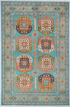 Afghan Kazak Green Rectangle 4x6 ft Wool Carpet 148173