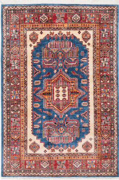 Afghan Kazak Blue Rectangle 4x6 ft Wool Carpet 157713