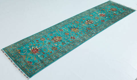 Chobi Green Runner Hand Knotted 29 X 104  Area Rug 700-157796 Image 2