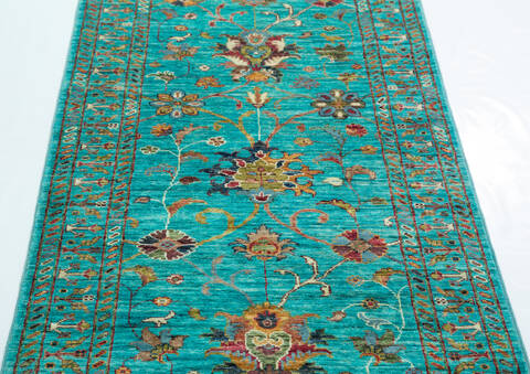 Chobi Green Runner Hand Knotted 29 X 104  Area Rug 700-157796 Image 5