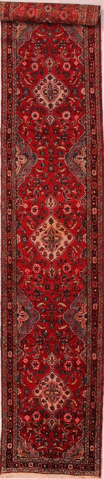 Hamedan Red Runner Hand Knotted 29 X 169  Area Rug 400-16496 Image 0