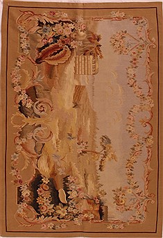 Aubusson Brown Hand Knotted 4'0" X 5'10"  Area Rug 400-17004