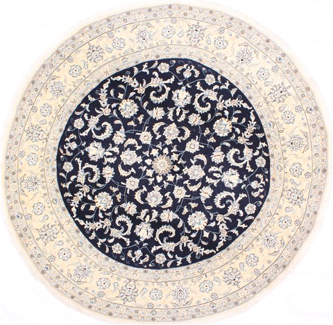 Persian Nain Blue Round 7 To 8 Ft Wool, Round Wool Rugs 7
