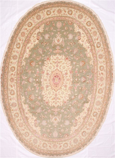 Tabriz Beige Oval Hand Knotted 910 X 131 Area Rug 254-29177 Image 0