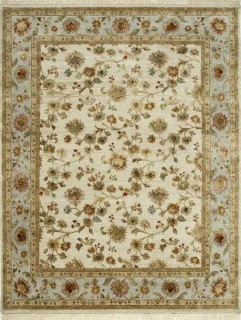 Indian Jaipur White Rectangle 10x14 ft wool and silk Carpet 75477