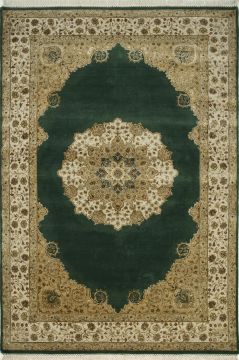 Indian Jaipur Green Rectangle 5x8 ft Wool and Silk Carpet 75563