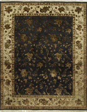 Indian Jaipur Black Rectangle 8x10 ft Wool and Silk Carpet 75575