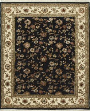 Indian Jaipur Black Rectangle 8x10 ft wool and silk Carpet 75623