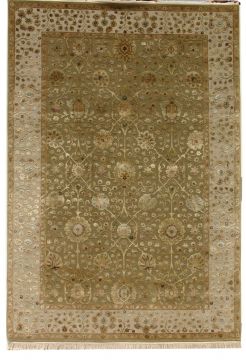 Indian Jaipur Green Rectangle 4x6 ft wool and silk Carpet 75630