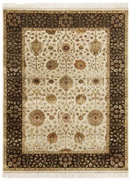 Indian Jaipur White Rectangle 8x10 ft wool and silk Carpet 75657
