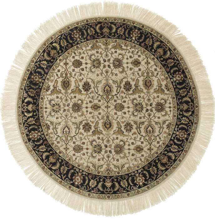 Indian Jaipur White Round 9 Ft And Larger Wool Silk Carpet