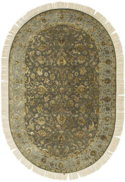 Indian Jaipur Green Oval 8x11 ft and Larger wool and silk Carpet 75786