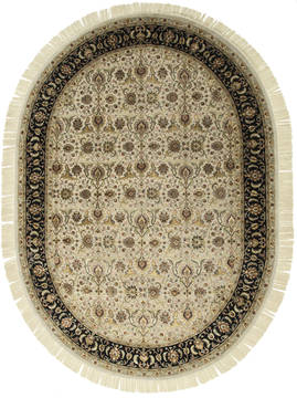 Indian Jaipur White Oval 8x11 ft and Larger wool and silk Carpet 75790