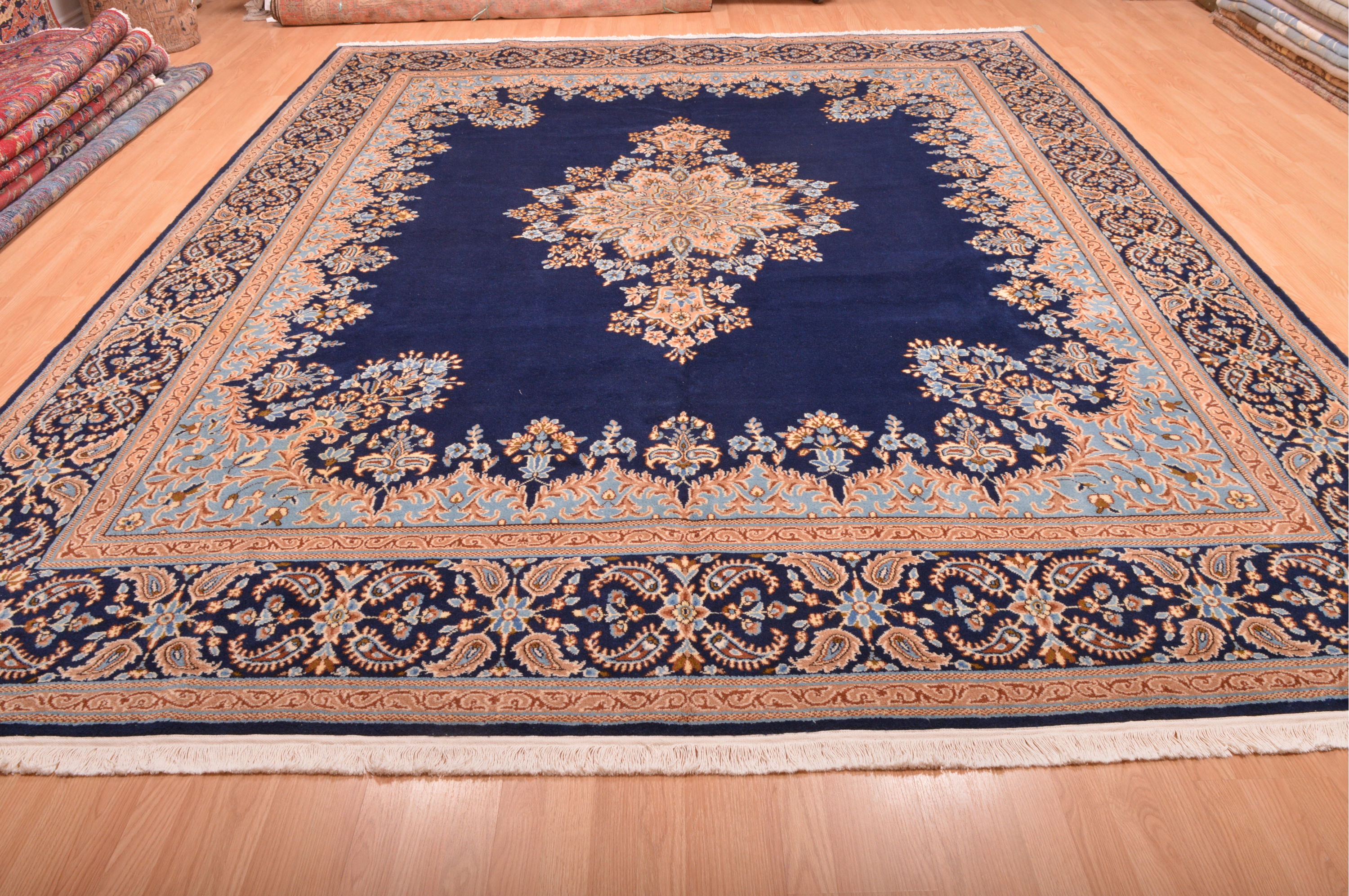 Persian Kerman Blue Rectangle 10x14 ft Wool Carpet 75980