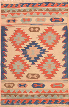 Afghan Kilim Beige Rectangle 4x6 ft Wool Carpet 76559